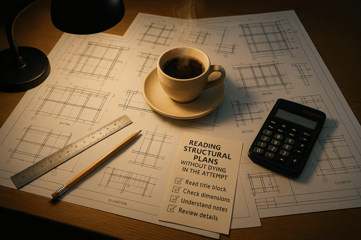 Planos estructurales para construcción, documentos de ingeniería y diseño arquitectónico.