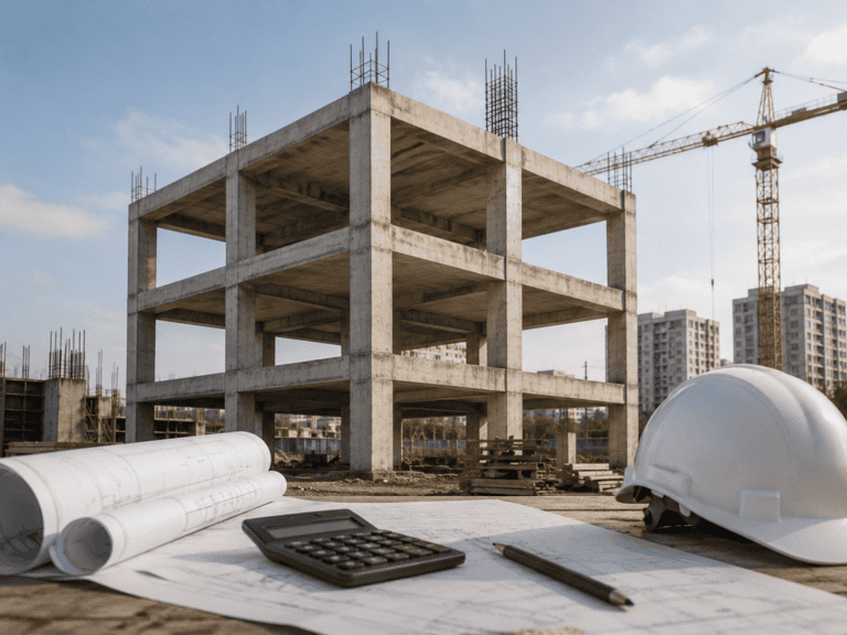 Construcción de estructura aporticada en obra civil con maquinaria y planos.