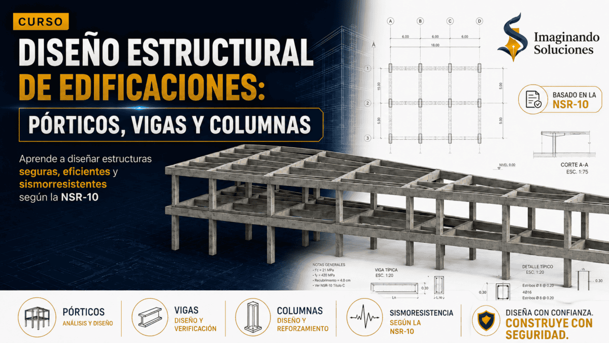 Planos y estructura de pórticos, vigas y columnas para edificaciones.